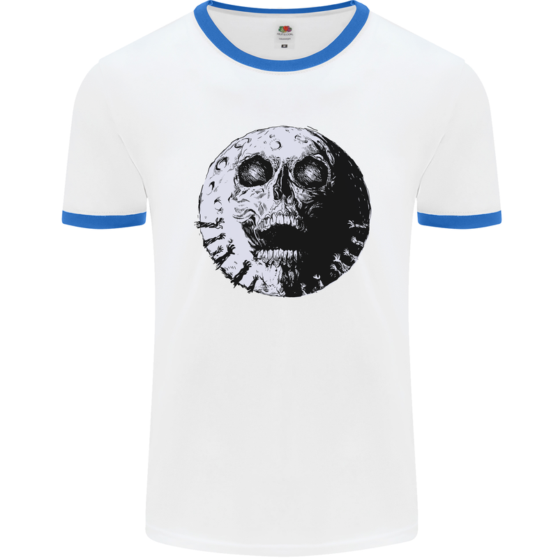 Skull Moon Gothic Halloween Zombie Biker Mens White Ringer T-Shirt White/Royal Blue