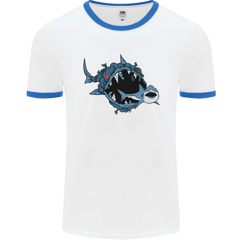 Pollution Great White Shark Climate Change Mens White Ringer T-Shirt White/Royal Blue