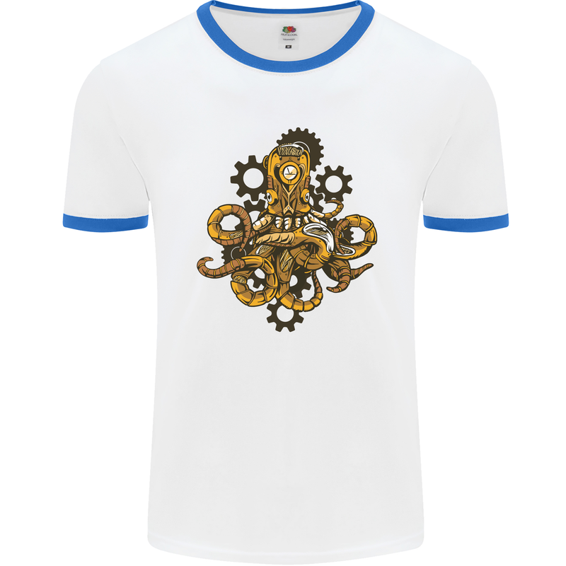 Steampunk Octopus Scuba Diving Cthulhu Mens Ringer T-Shirt White/Royal Blue