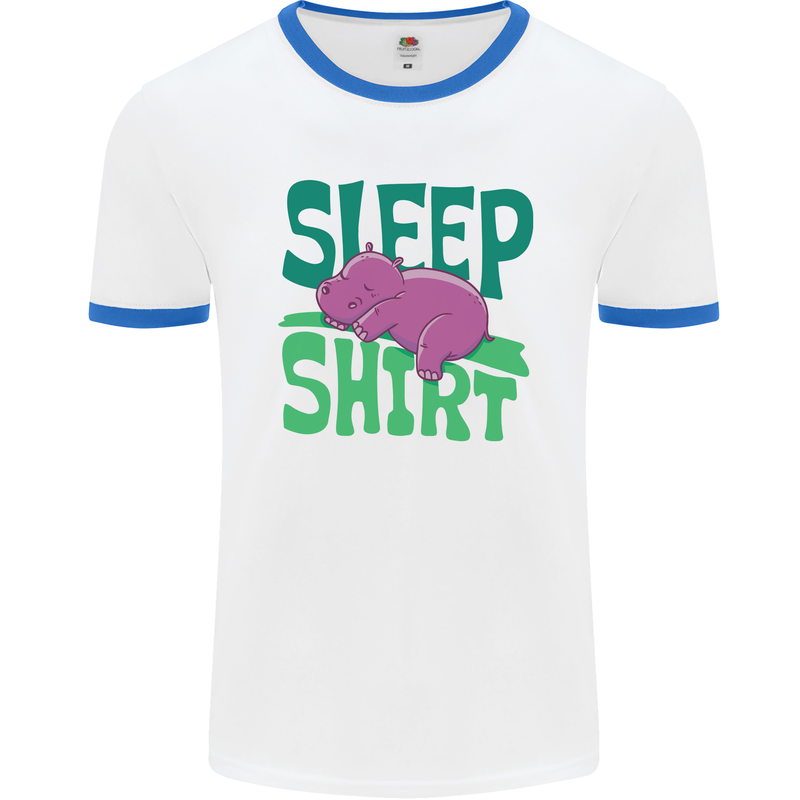 Hippo Sleep Shirt Sleeping Pajamas Mens White Ringer T-Shirt White/Royal Blue