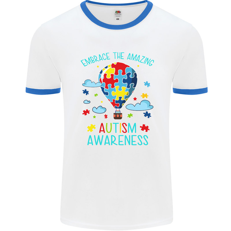 Autism Awareness Embrace Amazing Autistic Mens White Ringer T-Shirt White/Royal Blue