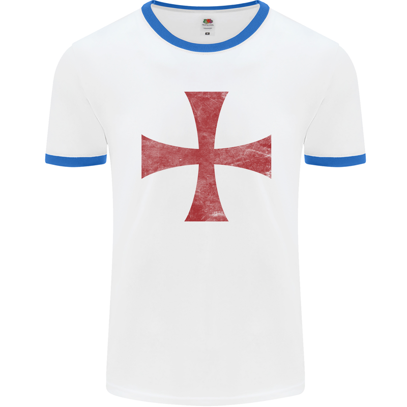 Knights Templar Cross Fancy Dress Outfit Mens White Ringer T-Shirt White/Royal Blue