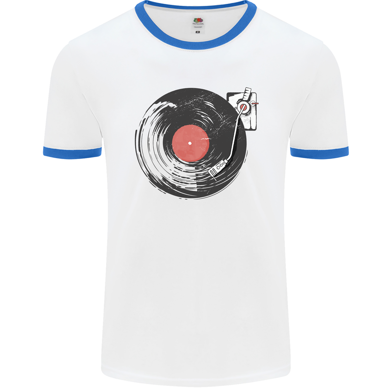 Distressed Vinyl Turntable DJ DJing Mens White Ringer T-Shirt White/Royal Blue