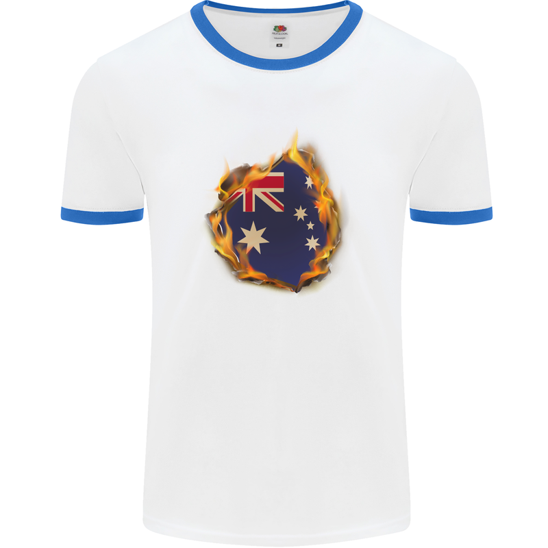 The Australian Flag Fire Effect Australia Mens White Ringer T-Shirt White/Royal Blue