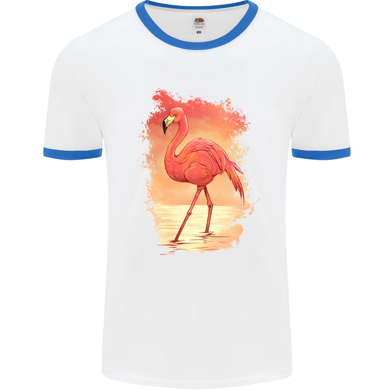 Flamingo Painting Mens White Ringer T-Shirt White/Royal Blue
