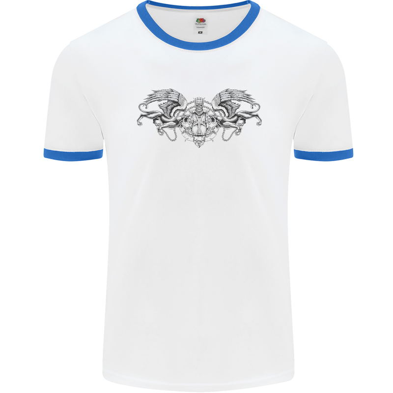 St Georges Day Roman Skull Wings Panther Mens White Ringer T-Shirt White/Royal Blue