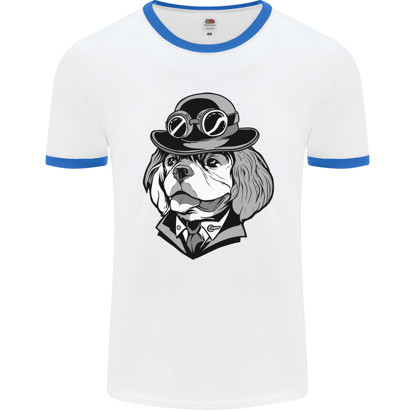 Steampunk King Charles Spaniel Cavelier Mens White Ringer T-Shirt White/Royal Blue