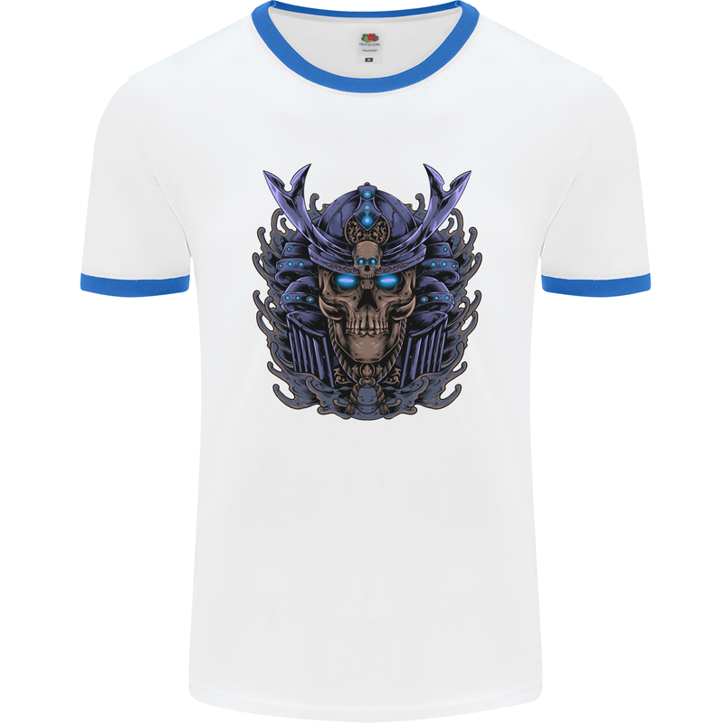 Samurai Skull MMA Martial Arts Gym Training Mens White Ringer T-Shirt White/Royal Blue