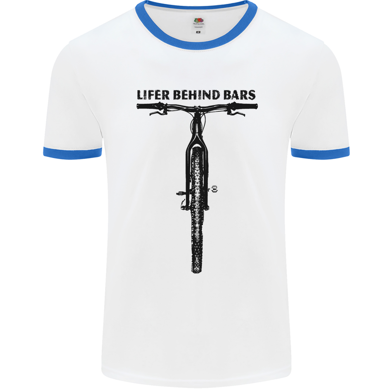 Lifer Behind Bars Funny Cycling Cyclist Mens White Ringer T-Shirt White/Royal Blue