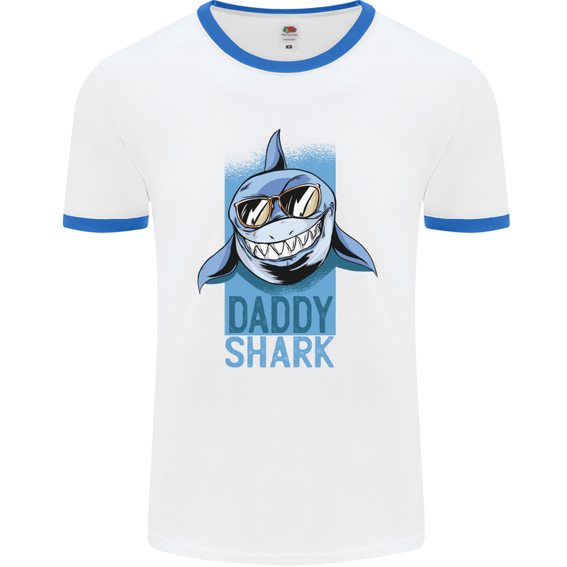 Daddy Shark Funny Father's Day Mens Ringer T-Shirt White/Royal Blue