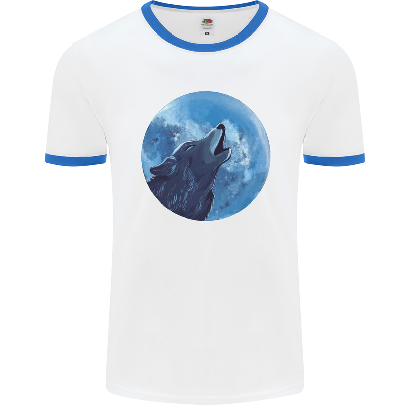 A Howling Wolf Full Moon Werewolves Mens White Ringer T-Shirt White/Royal Blue