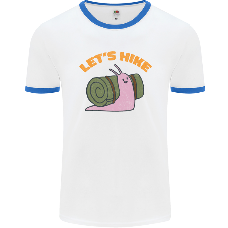 Let's Hike Funny Slug Trekking Walking Mens White Ringer T-Shirt White/Royal Blue