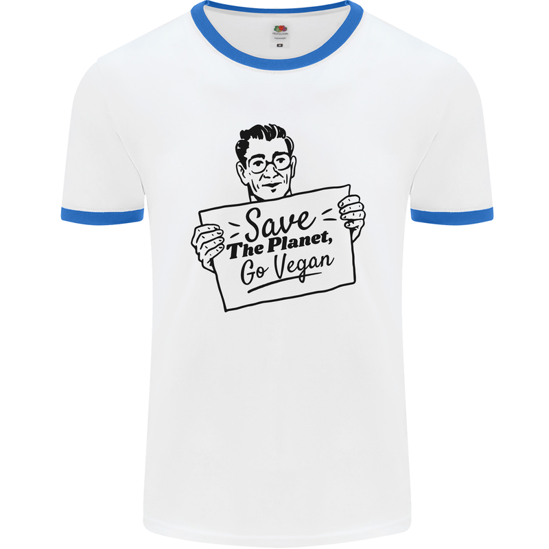 Save the Planet Go Vegan Global Warming Mens White Ringer T-Shirt White/Royal Blue