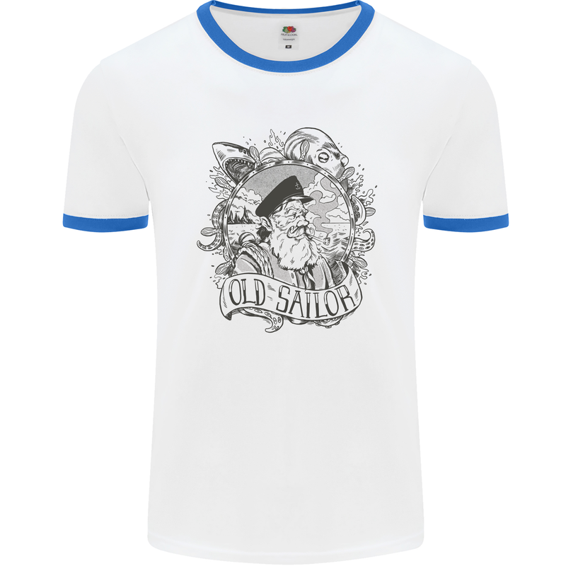 Old Sailor White Shark Octopus Captain Mens White Ringer T-Shirt White/Royal Blue