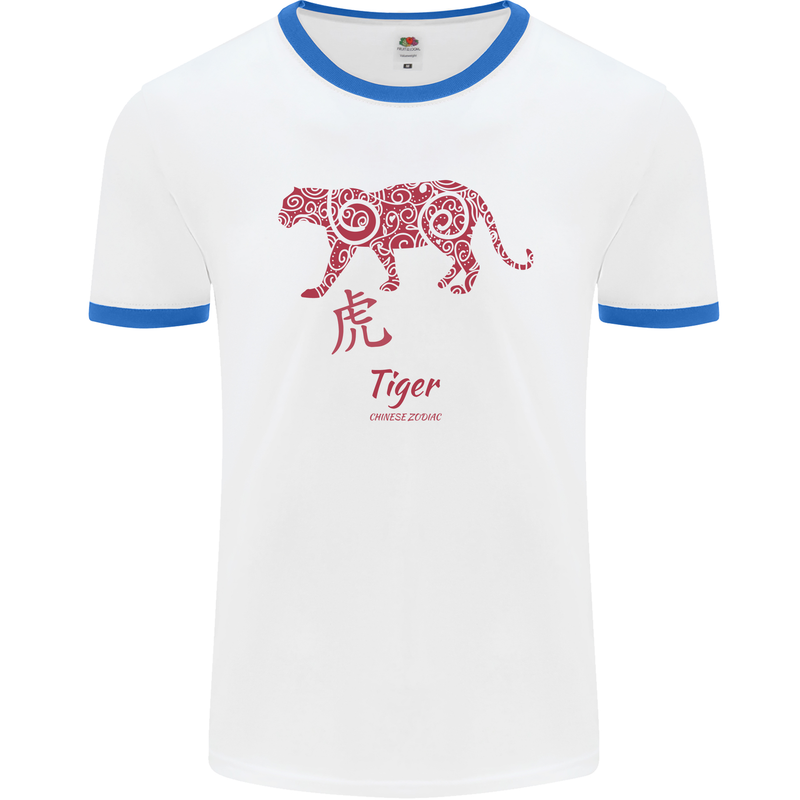 Chinese Zodiac Shengxiao Year of the Tiger Mens White Ringer T-Shirt White/Royal Blue