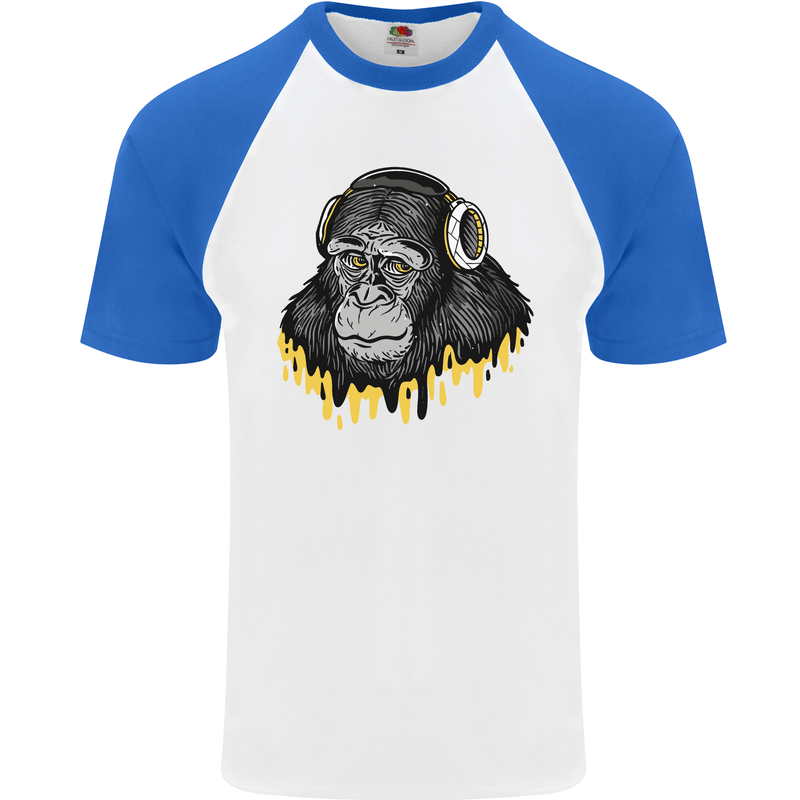 Monkey DJ Headphones Music Mens S/S Baseball T-Shirt White/Royal Blue