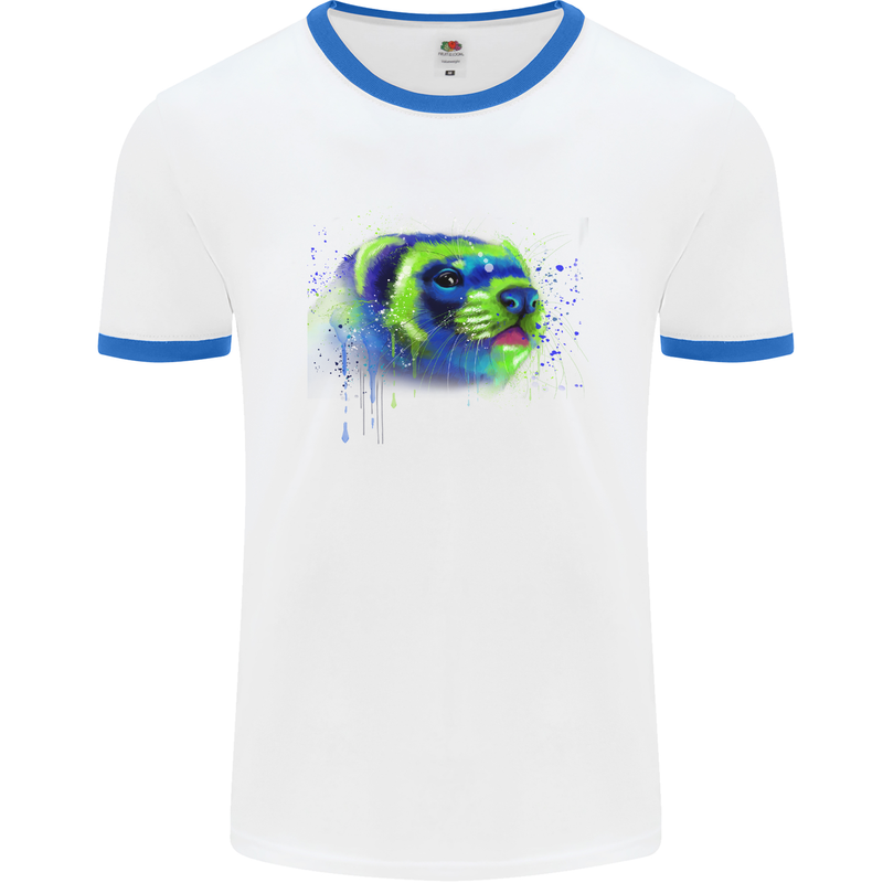 A Ferret Watercolour Mens White Ringer T-Shirt White/Royal Blue