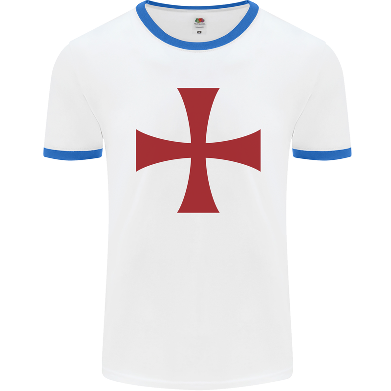 Knights Templar Cross Fancy Dress Outfit Mens White Ringer T-Shirt White/Royal Blue