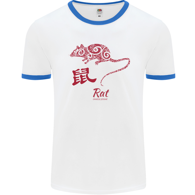 Chinese Zodiac Shengxiao Year of the Rat Mens White Ringer T-Shirt White/Royal Blue