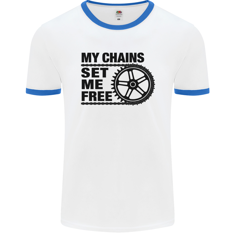 My Chains Set Me Free Cycling Cyclist Bike Mens White Ringer T-Shirt White/Royal Blue