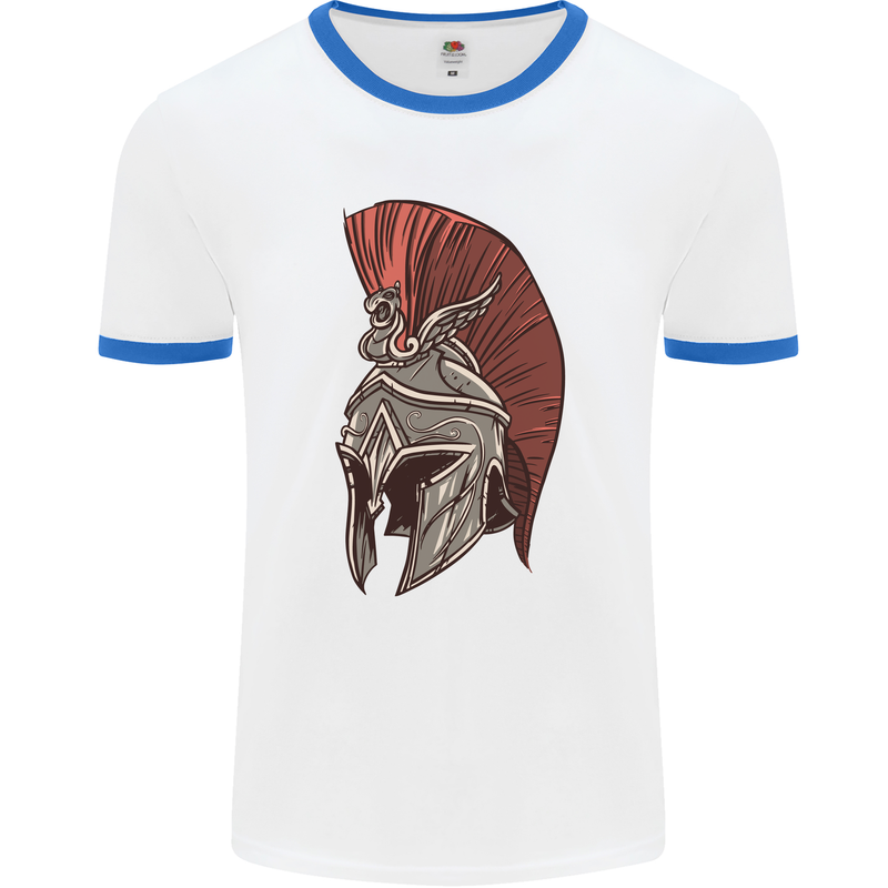 Roman Helmet Bodybuilding Gym Spartan Mens Ringer T-Shirt White/Royal Blue