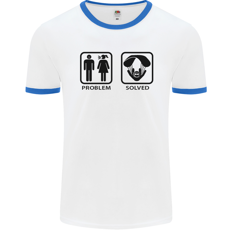 Problem Solved Skydive Freefall Paras Mens White Ringer T-Shirt White/Royal Blue