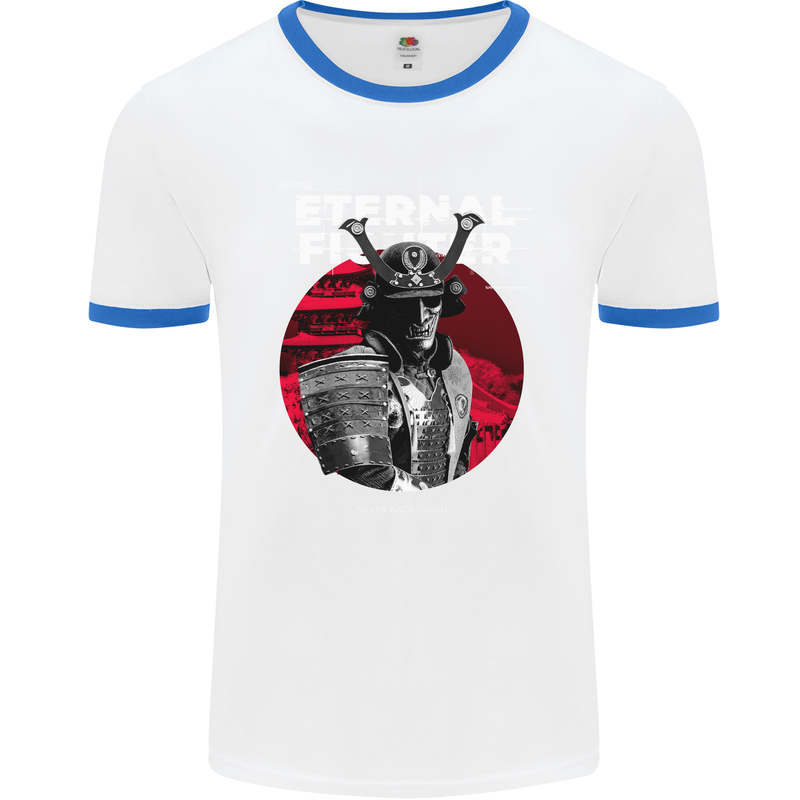 Samurai Fighter Skull MMA Mixed Martial Arts Mens White Ringer T-Shirt White/Royal Blue
