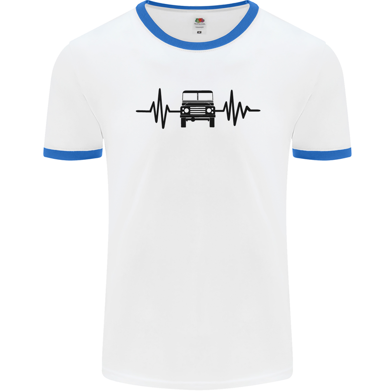 4X4 Heart Beat Pulse Off Road Roading Mens White Ringer T-Shirt White/Royal Blue