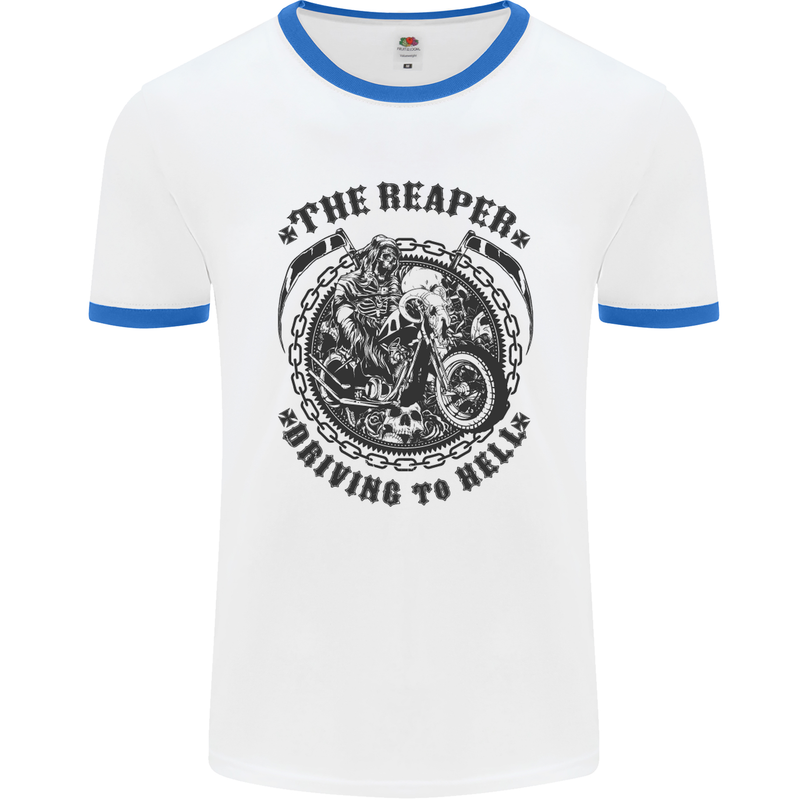Grim Reaper Motorbike Motorcycle Biker Mens White Ringer T-Shirt White/Royal Blue