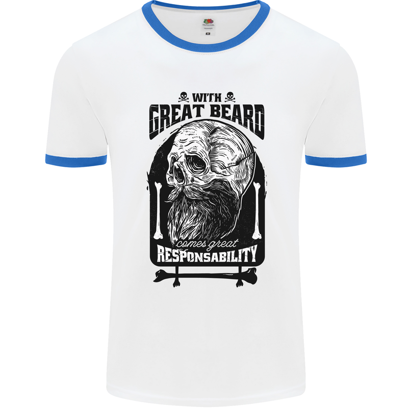 Great Beard Comes Great Responsibility Skull Mens White Ringer T-Shirt White/Royal Blue