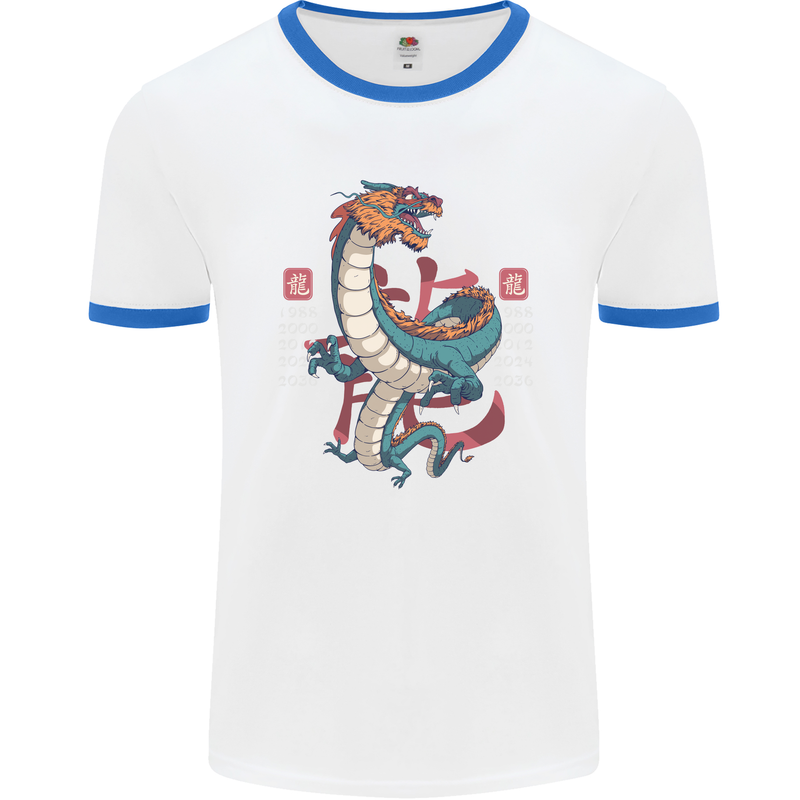 Chinese Zodiac Shengxiao Year of the Dragon Mens White Ringer T-Shirt White/Royal Blue