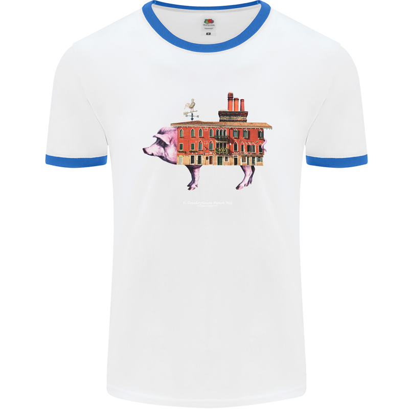 Country House Street Pig Mens White Ringer T-Shirt White/Royal Blue