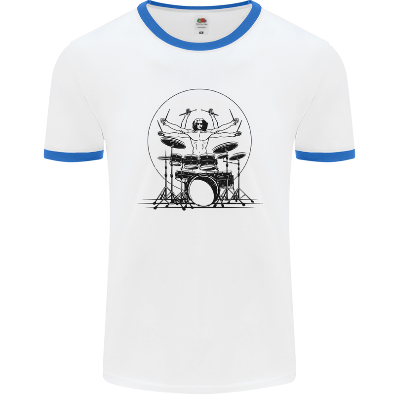 Virtruvian Drummer Funny Drumming Drum Mens White Ringer T-Shirt White/Royal Blue