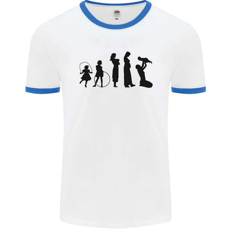 Funny Child to Mother Evolution Mothers Day Mens White Ringer T-Shirt White/Royal Blue