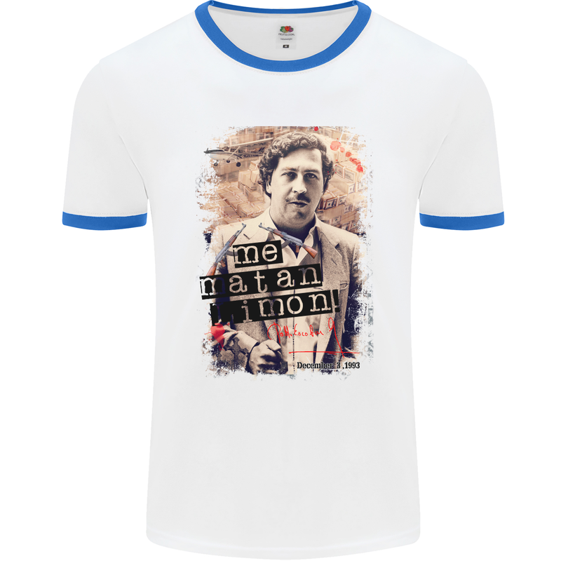 Pablo Escobar Me Matan Limon Mens White Ringer T-Shirt White/Royal Blue