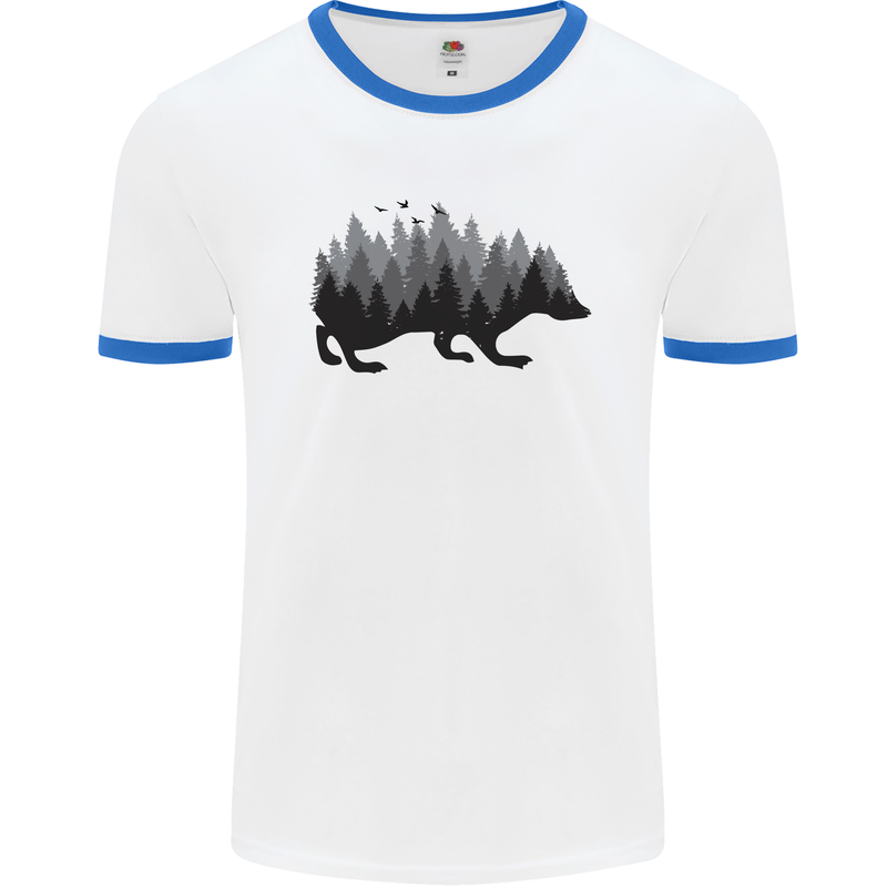 A Hedgehog Depicting a Forest Mens White Ringer T-Shirt White/Royal Blue