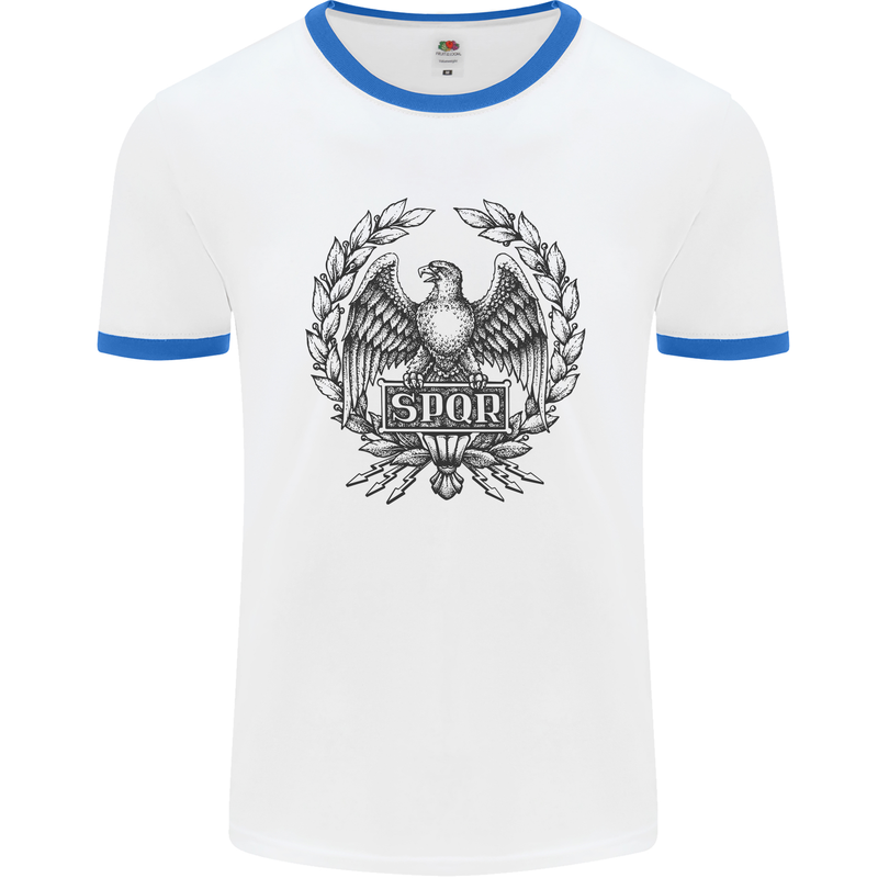 SPQR Roman Emblem Gym Training Top Mens White Ringer T-Shirt White/Royal Blue