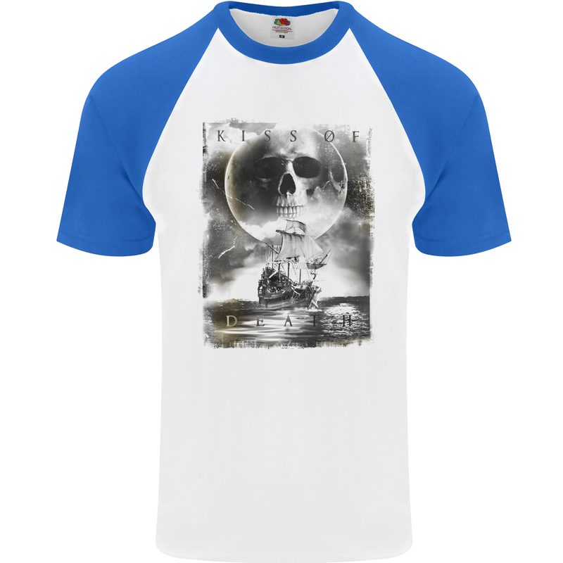 Kiss of Death Pirates Sailing Sailor Mens S/S Baseball T-Shirt White/Royal Blue
