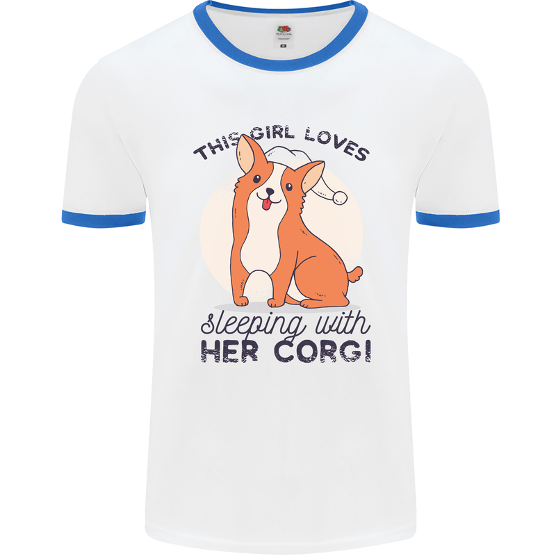 Sleeping With Her Corgi Funny Mens White Ringer T-Shirt White/Royal Blue