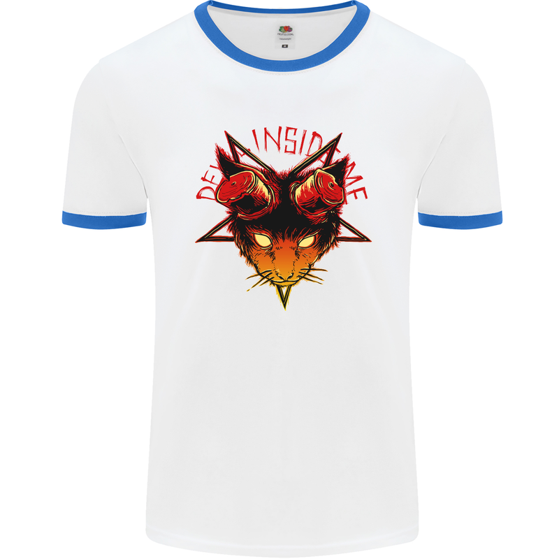 Devil Inside Me Satanic Cat Demon Evil Mens White Ringer T-Shirt White/Royal Blue