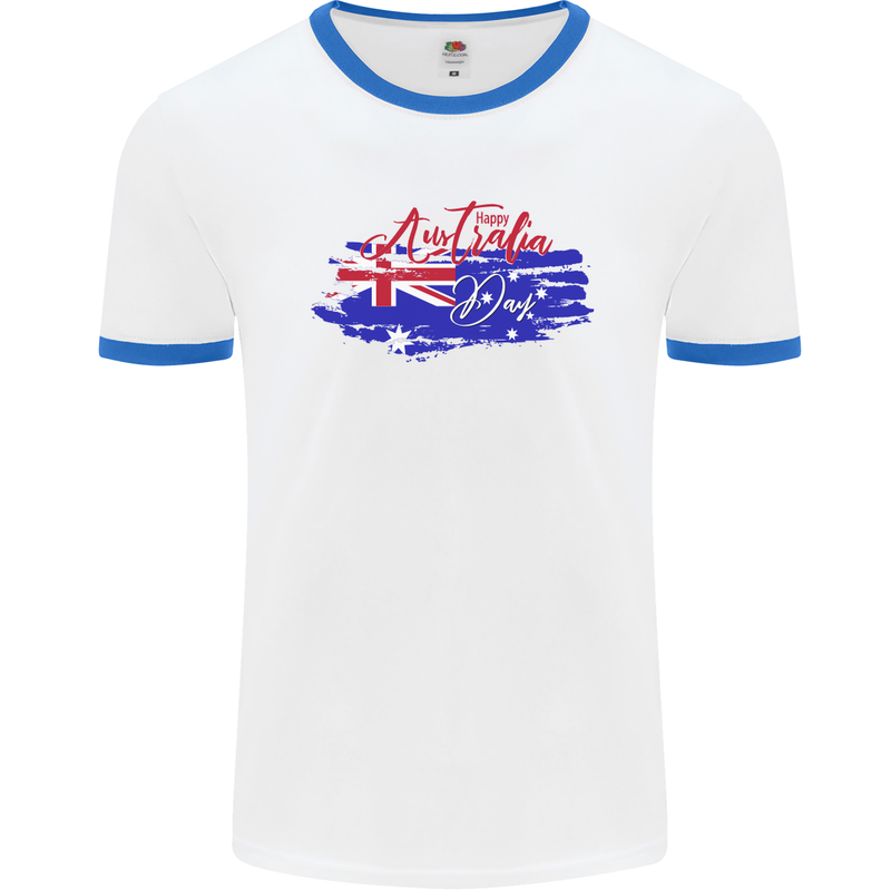 Happy Australia National Day Flag Mens White Ringer T-Shirt White/Royal Blue