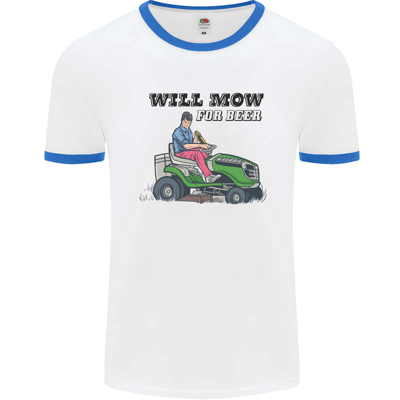 Will Mo the Lawn For Beer Funny Alcohol Mens White Ringer T-Shirt White/Royal Blue