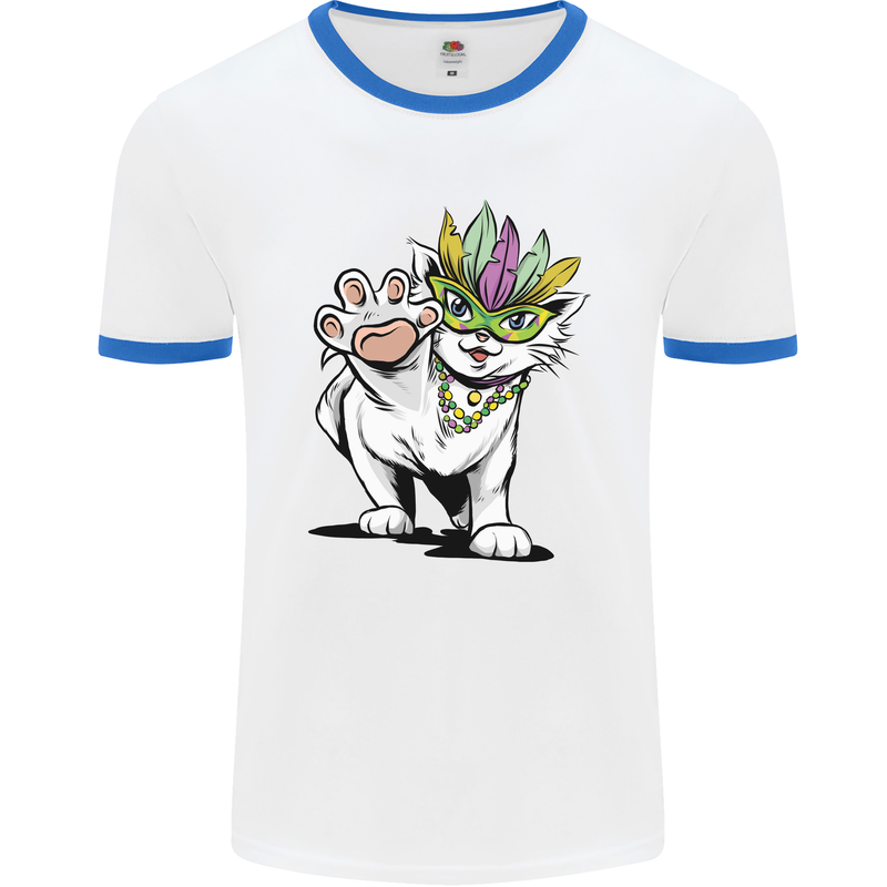 Mardi Gras Festival Cat Mens White Ringer T-Shirt White/Royal Blue