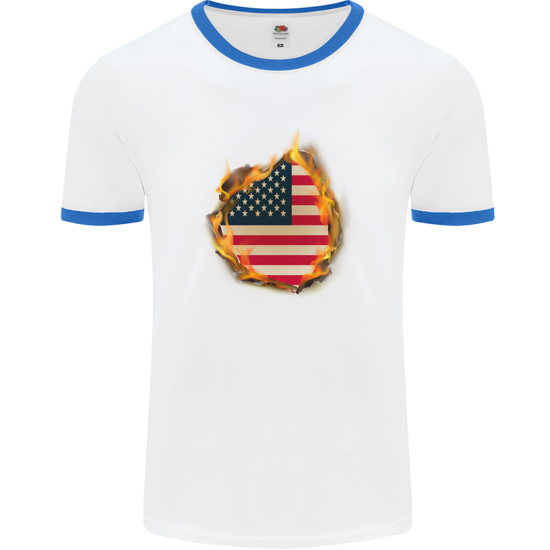 The Stars & Stripes American Flag Fire USA Mens White Ringer T-Shirt White/Royal Blue