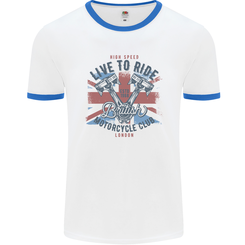 British Motorcycle Club Live to Ride Biker Mens White Ringer T-Shirt White/Royal Blue