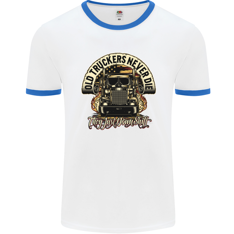 Old Truckers Never Die Lorry Driver Lorries Mens White Ringer T-Shirt White/Royal Blue