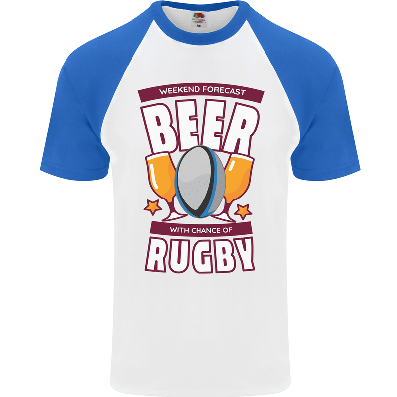 Weekend Forecast Beer Alcohol Rugby Funny Mens S/S Baseball T-Shirt White/Royal Blue