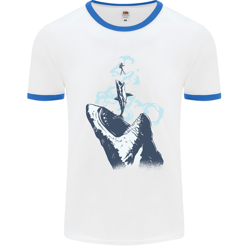 Megalodon v Great White Shark v Scuba Diver Mens White Ringer T-Shirt White/Royal Blue