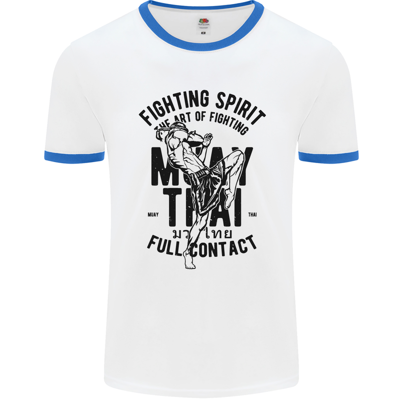 Muay Thai Full Contact Martial Arts MMA Mens White Ringer T-Shirt White/Royal Blue