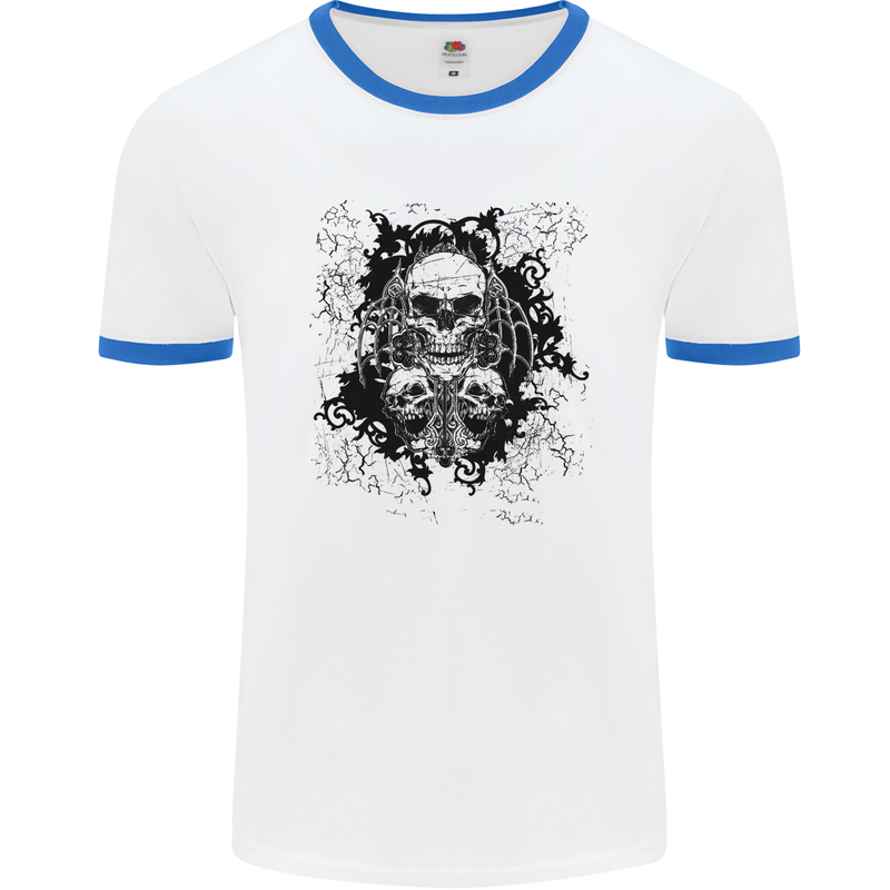 Three Skulls Demon Biker Gothic Tattoo Mens White Ringer T-Shirt White/Royal Blue